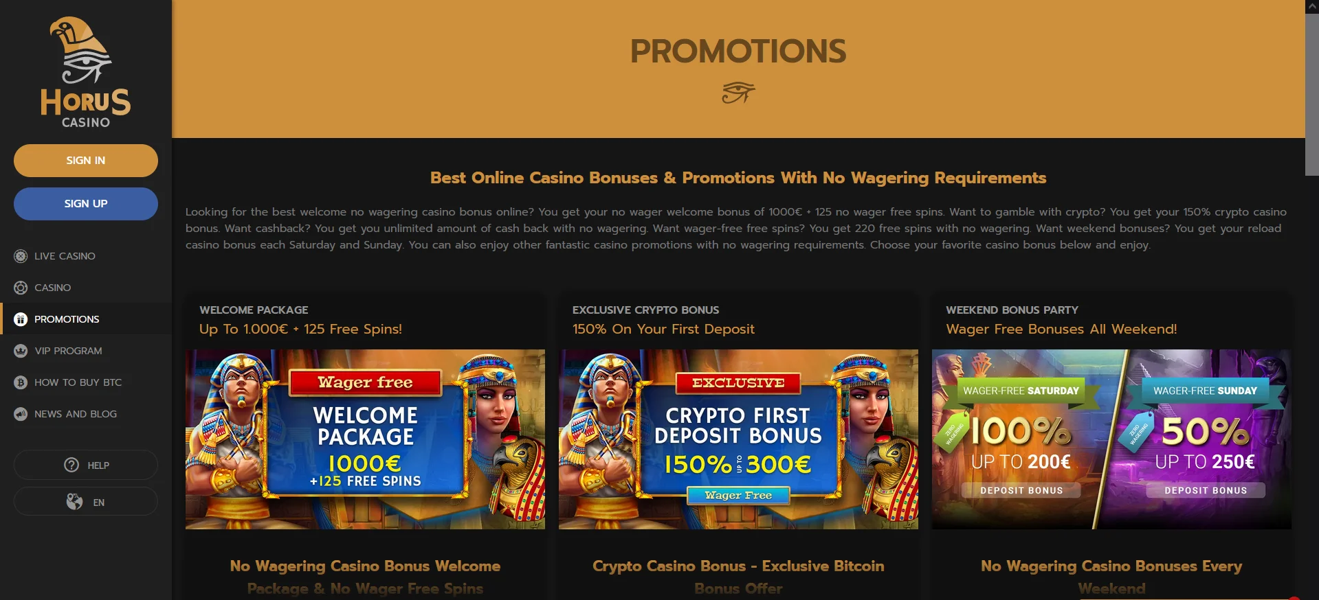 Bonuses for Horus Casino